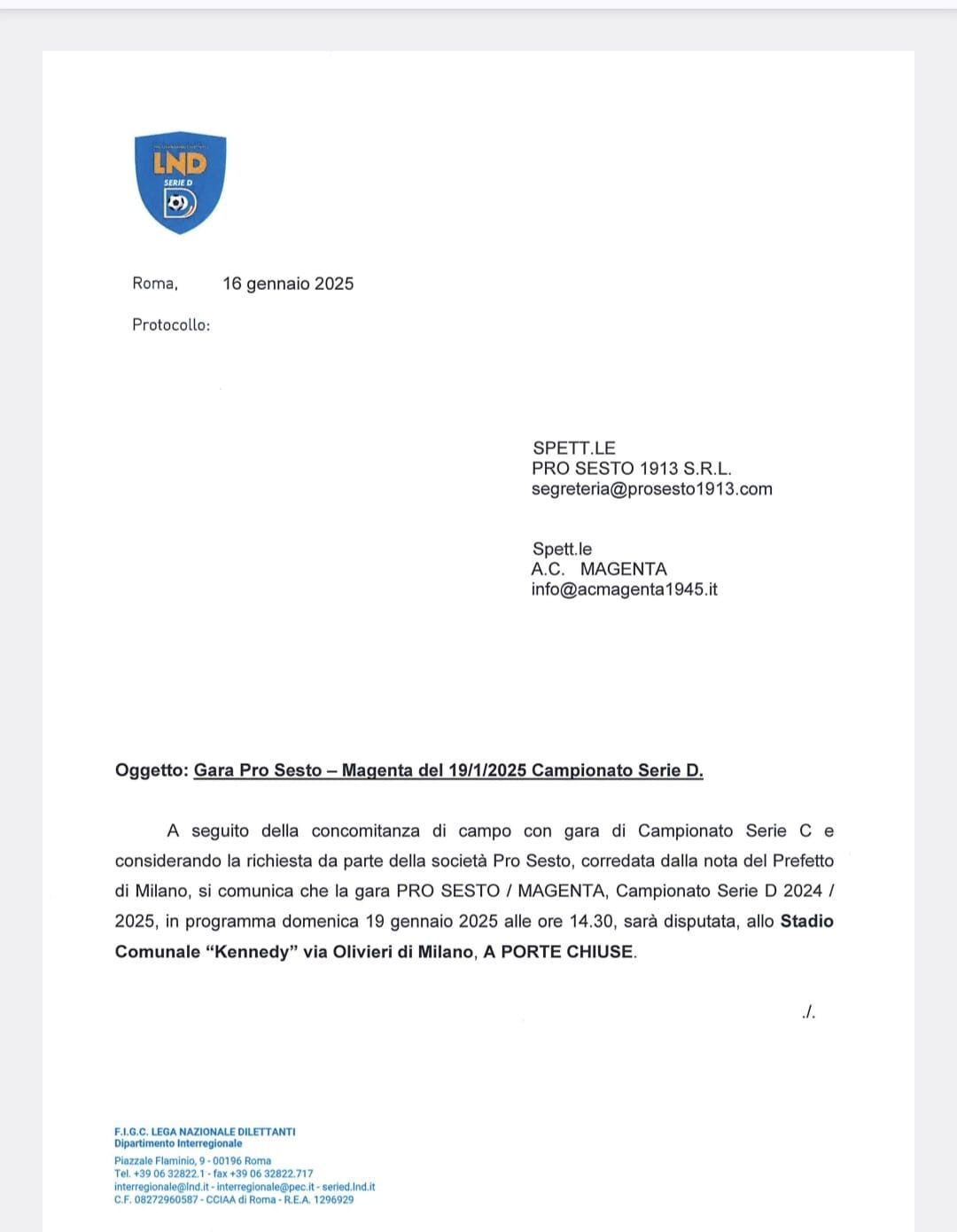 Calcio, Serie D. Pro Sesto Magenta si disputerà a porte chiuse al ‘Kennedy’