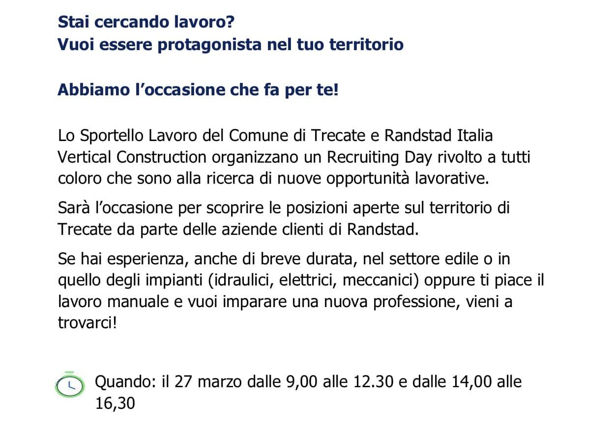 Trecate, Sportello Lavoro: nuova ricerca di personale in collaborazione con “Randstad Italia”