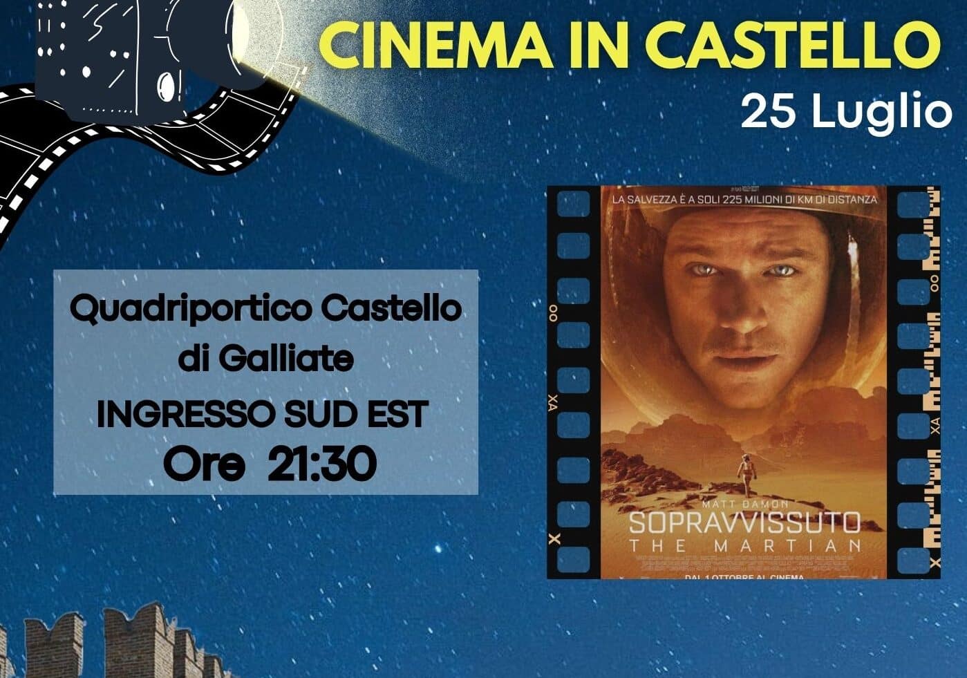 Cinema in castello a Galliate il prossimo 25 luglio