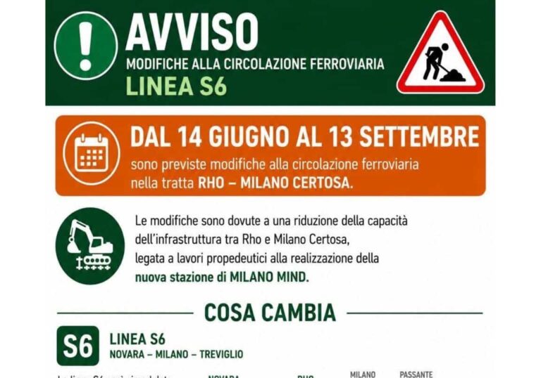Linea S6, estate di disagi per i pendolari: dal 14 giugno al 13 settembre treni limitati a Rho